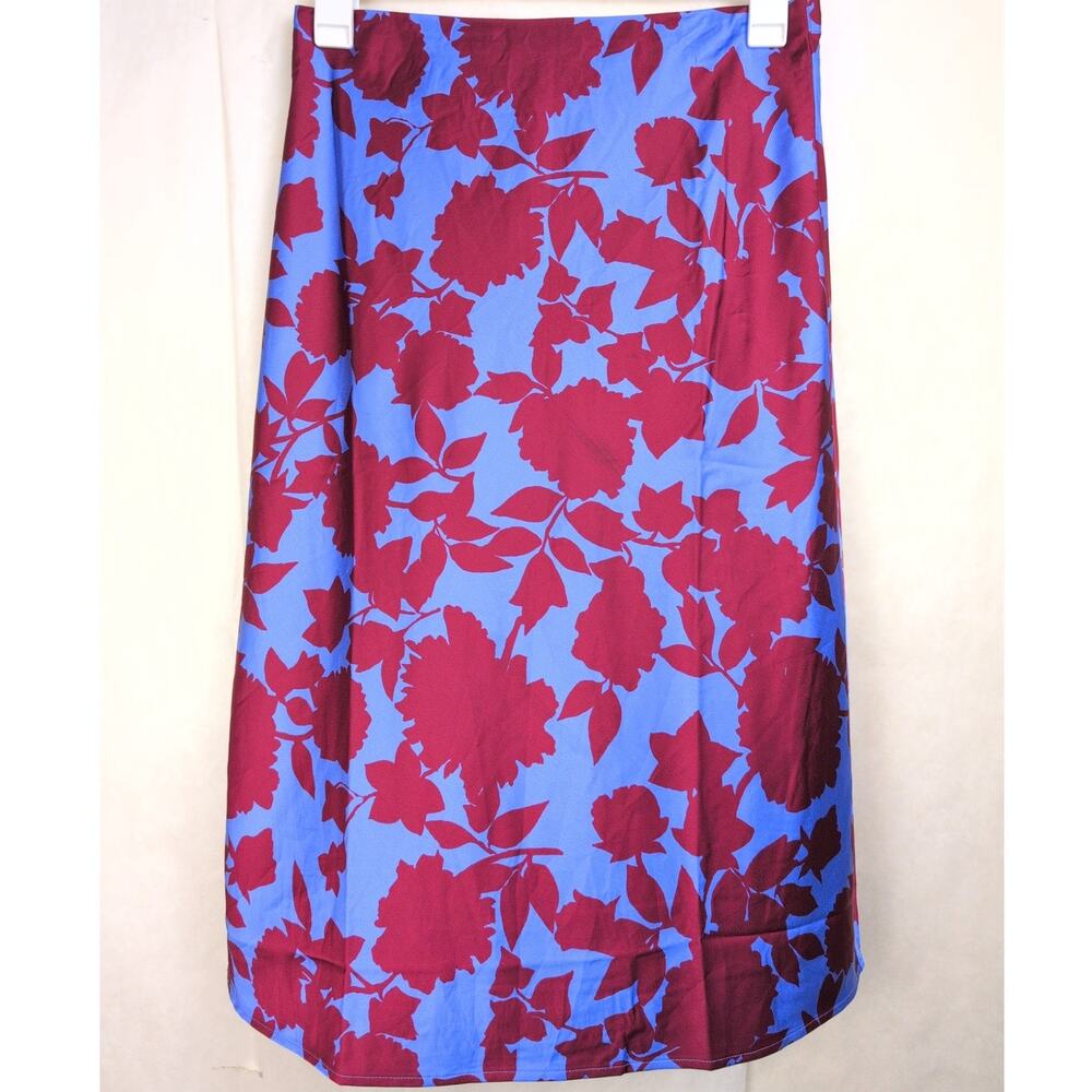 J.Crew red floral satin midi slip skirt Size Med pull on Boho Y2K Retro Feminine